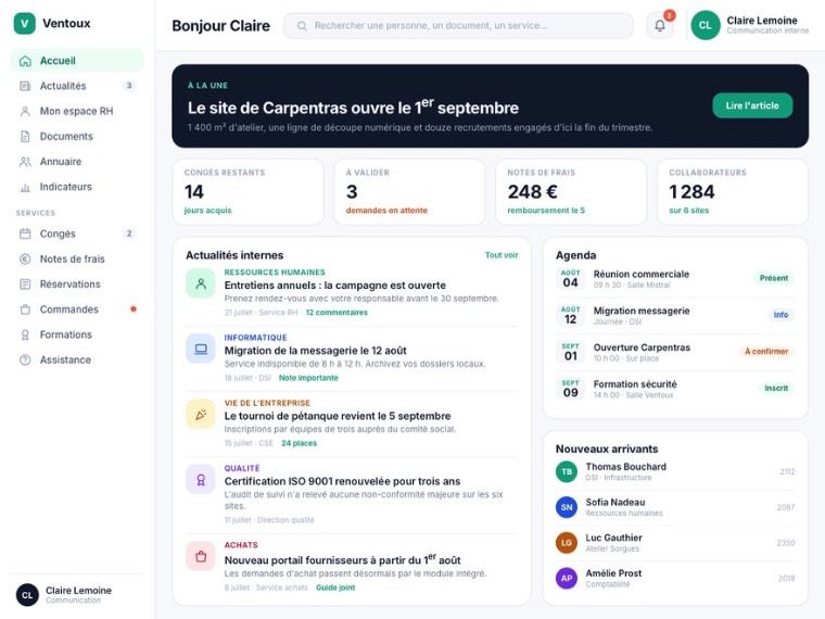 Capture d'écran de l'intranet Groupe Ventoux développé en WEBDEV : menu latéral à icônes, barre de recherche, avatar utilisateur, article à la une, indicateurs personnels, cinq actualités internes illustrées, agenda et nouveaux arrivants.