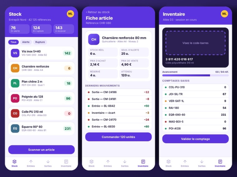 Trois écrans d'une application mobile de gestion de stock développée avec WINDEV Mobile : liste des articles avec quantités, fiche article détaillée et session d'inventaire par scan de code-barres.